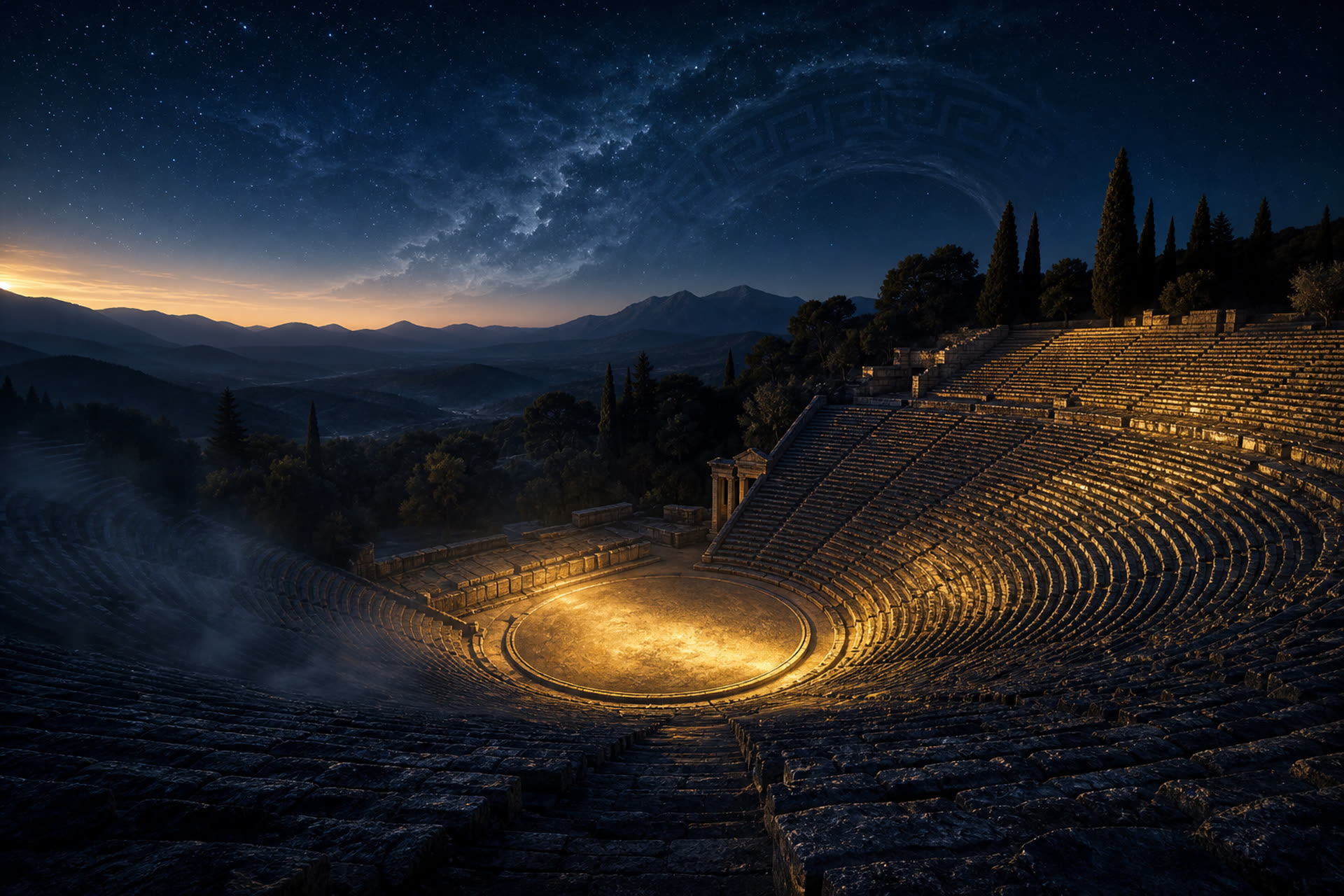 Ancient Greek amphitheatre at night, golden orchestra glowing under a starry sky